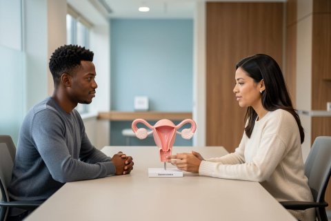 A man and a woman engage in a professional medical consultation in a bright, modern office setting. Between them sits a pink anatomical model of the female reproductive system, used to discuss reproductive health. The scene features clean lines, neutral colors, and a calm atmosphere, ideal for healthcare and wellness contexts.