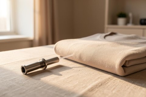 A folded cream-colored knit sweater sits next to a small metal fabric care tool on a light textured surface. The scene is bathed in warm, natural sunlight streaming from a window in a bright, minimalist indoor setting, highlighting themes of garment maintenance and home organization.
