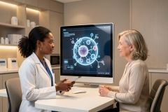 A professional medical consultation in a modern clinic where a female doctor shows a patient a scientific cellular visualization on a large computer screen. The scene features a bright, clean environment with neutral tones, emphasizing healthcare technology and patient education during a doctor visit.