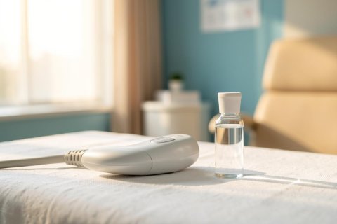 A medical ultrasound probe and a small glass vial with clear liquid rest on a white examination table in a bright, sunlit clinical setting. The background features a soft blue wall and a medical chair, creating a professional healthcare environment for diagnostic imaging and medical procedures.