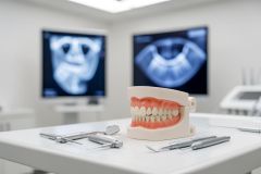 Close-up of a dental model with teeth and pink gums on a white surface, surrounded by metallic dental tools. The background features a bright, professional dental office with large screens displaying panoramic dental X-rays.