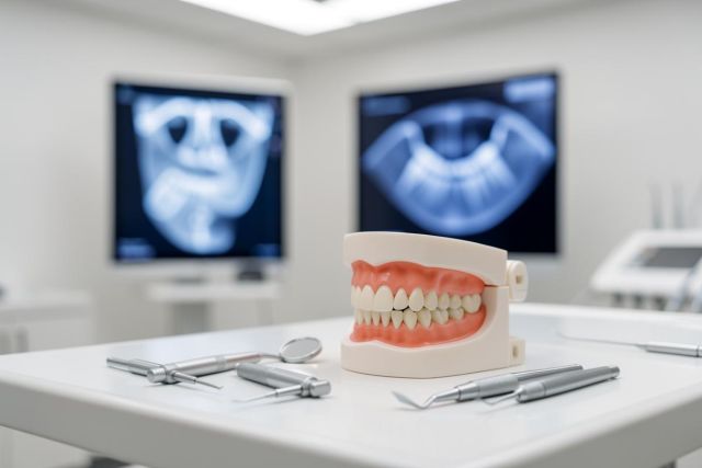 Close-up of a dental model with teeth and pink gums on a white surface, surrounded by metallic dental tools. The background features a bright, professional dental office with large screens displaying panoramic dental X-rays.