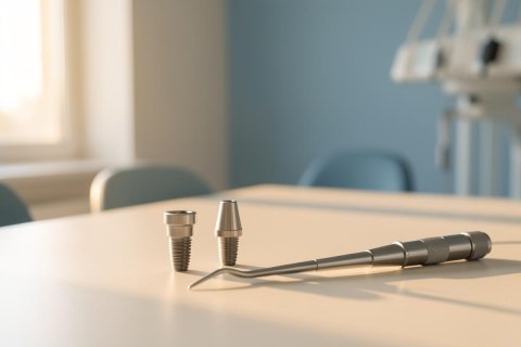 Close-up of professional dental implants and a metal dental instrument resting on a clean white table in a bright clinic. The soft-focus background shows a dental chair and sunlight from a window, creating a warm, professional atmosphere. This image highlights oral healthcare, dental implantology, and medical tools used in modern dentistry.