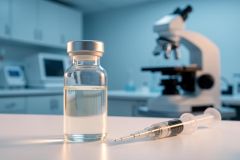 Close-up of a medical glass vial with clear liquid and a syringe on a white lab surface. The background features a blurred microscope and laboratory equipment in a cool blue clinical environment, symbolizing pharmaceutical research, vaccine testing, and scientific medical studies.
