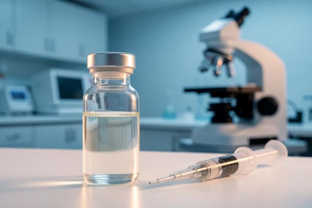 Close-up of a medical glass vial with clear liquid and a syringe on a white lab surface. The background features a blurred microscope and laboratory equipment in a cool blue clinical environment, symbolizing pharmaceutical research, vaccine testing, and scientific medical studies.