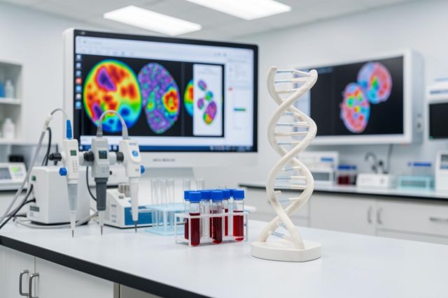 A modern medical research laboratory featuring a DNA double helix model, test tubes with red blood samples, and precision pipettes on a clean white workbench. In the background, a computer monitor displays colorful medical brain scans, illustrating advanced biotechnology, genetics, and diagnostic science in a professional laboratory setting.
