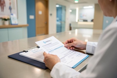 A medical professional in a white lab coat reviews a document on a blue clipboard in a bright, modern clinic. The clean healthcare environment with neutral tones and soft lighting emphasizes professional patient care and medical documentation services.