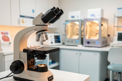 A professional laboratory microscope sits on a white workbench in a bright, modern scientific research facility. The background features medical equipment and incubators within a clean, clinical laboratory environment. This scene highlights essential tools used for biological research, medical testing, and scientific experimentation.