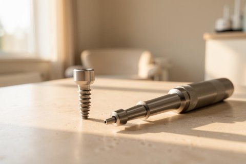 A close-up of a metallic dental implant screw and a professional dental handpiece resting on a light-colored, sunlit surface. The warm, natural light creates soft shadows in a bright, blurred dental clinic environment. This high-quality image features essential medical tools used in dental implantology and oral surgery procedures.