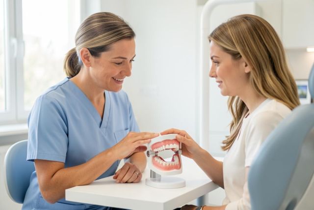 A female dental professional in blue scrubs shows a realistic teeth model to a female patient during a consultation in a bright, modern dental clinic. This image captures oral health education and professional dental care in a clean, clinical setting.