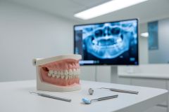 A professional dental clinic setting featuring a realistic human teeth and gums model on a white table. Silver dental tools like a mouth mirror and explorer lie in the foreground. In the blurred background, a large monitor displays a detailed panoramic dental X-ray, emphasizing modern oral healthcare and diagnostic technology.