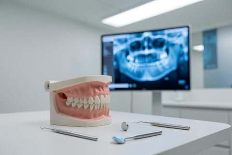 A professional dental clinic setting featuring a realistic human teeth and gums model on a white table. Silver dental tools like a mouth mirror and explorer lie in the foreground. In the blurred background, a large monitor displays a detailed panoramic dental X-ray, emphasizing modern oral healthcare and diagnostic technology.