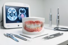 Professional dental and medical equipment on a white surface. A realistic teeth model is surrounded by silver dental instruments, including forceps and probes. In the blurred background, a medical monitor displays brain MRI scans next to a stethoscope, suggesting a clinical diagnostic environment.